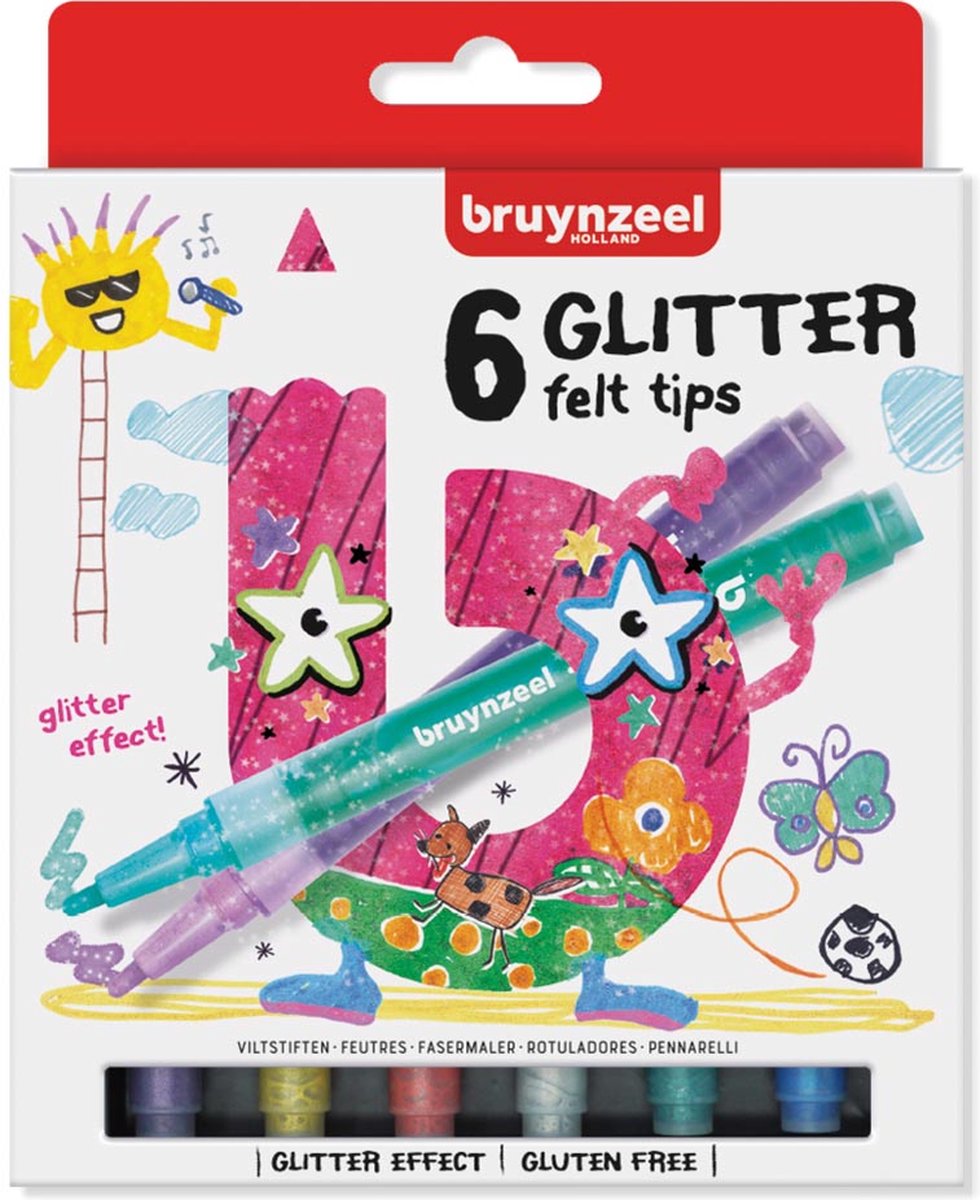 Viltstift Bruynzeel Kids glitter blister à 6 stuks assorti | 6 stuks